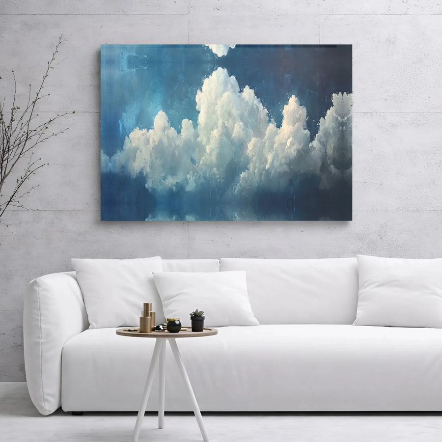 Blue Sky Canvas Wall Art | Dramatic Cloud Oil Painting Print | Premium Gallery Wrap 1.25 inch | Modern Coastal Home Decor for Living Room