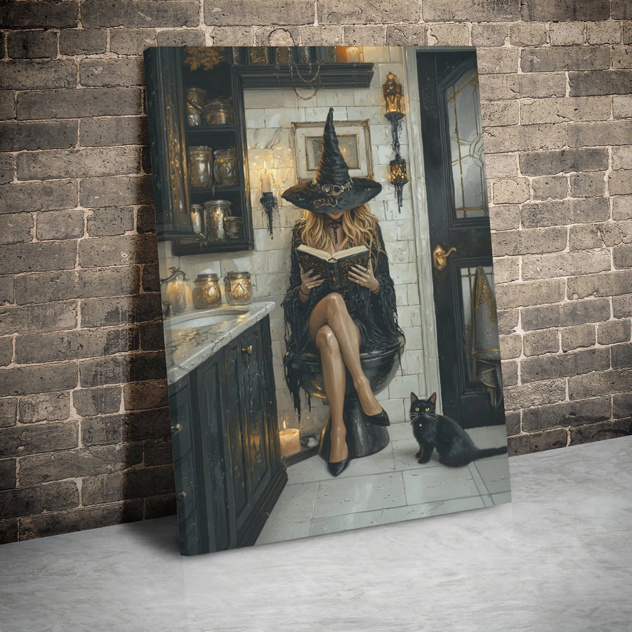 Witch Reading on Toilet Canvas Print | Funny Bathroom Wall Art with Black Cat | Premium Gallery Wrap Decor | Unique Witchy Home Gift for Her