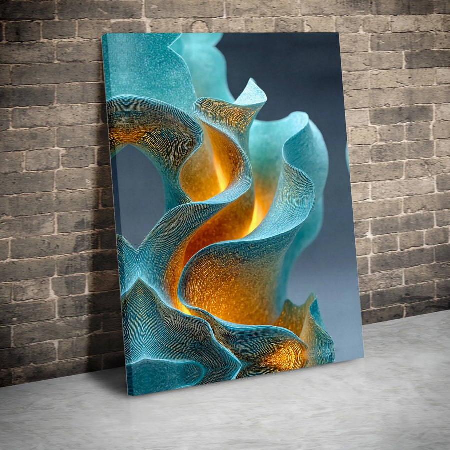 Abstract Teal and Gold Wall Art | Modern Wavy Sculpture Canvas Print | Premium Gallery Wrap Decor | Statement Piece for Living Room Home Office