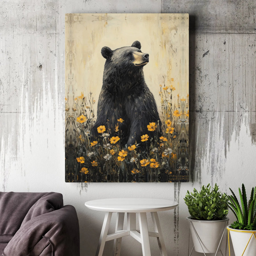 Black Bear Wall Art | Vertical Canvas Print In Wildflower Field | Premium Gallery Wrap Decor | Wildlife Nature Lover Gift