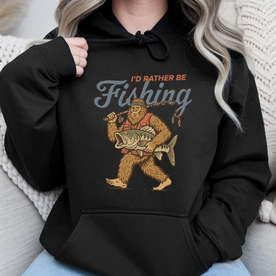 Sasquatch Fishing Hoodie | Retro I'd Rather Be Fishing Graphic | Premium Cotton Blend | Funny Gift for Fisherman and Cryptid Lovers