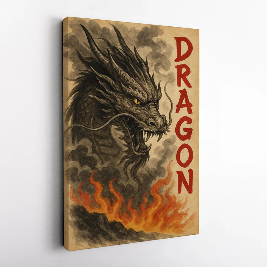 Japanese Dragon Wall Art | Sumi-E Ink Wash Style With Flames | Gallery Quality Canvas Print | Mythical Fantasy Home Decor Gift