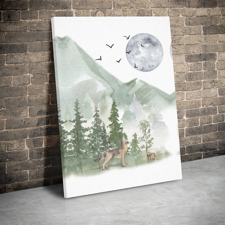 Wolf Howling At Moon Canvas Art | Watercolor Forest Mountain Landscape | Gallery Wrap Premium Wall Decor | Nature Lover Gift Idea