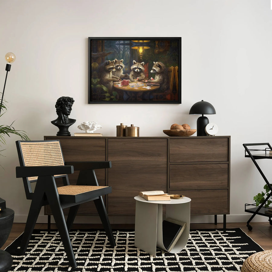 Raccoon Poker Canvas Print | Funny Wildlife Gambling Wall Art | Gallery Quality 1.25 Inch Wrap | Unique Home Decor Gift for Card Players