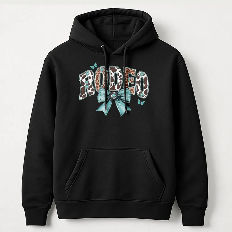 Western Rodeo Hoodie | Coquette Bow with Cowhide & Leopard Print | Premium Cotton Tee | Gift for Country Girl