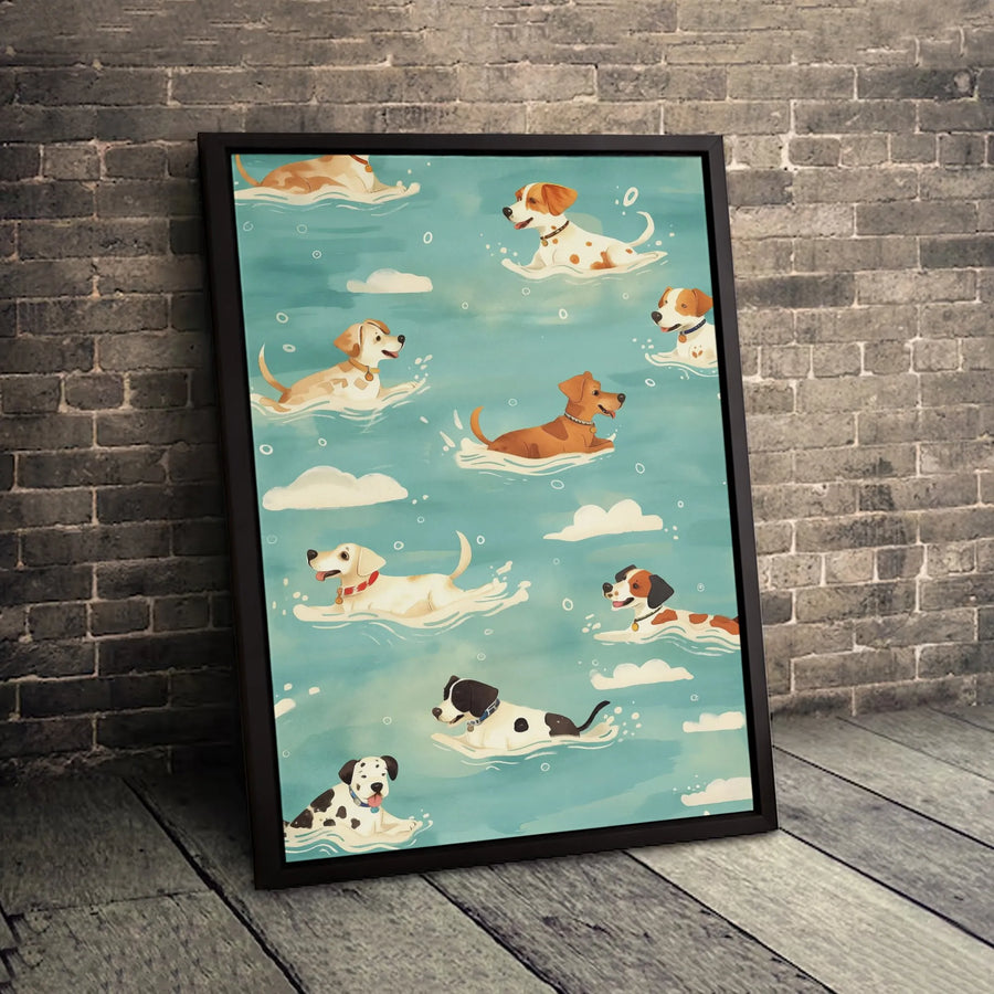 Dog Wall Art Canvas | Cute Swimming Puppies Illustration | Premium Fade-Resistant Print | Animal Lover Home Decor Gift