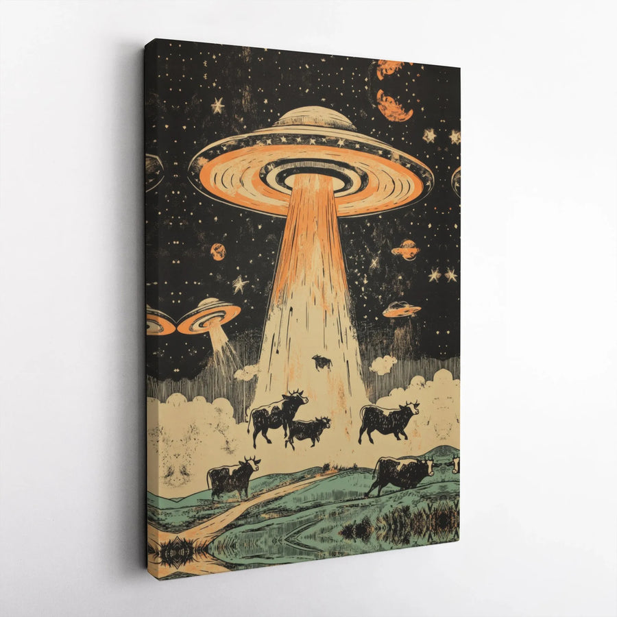 UFO Alien Abduction Canvas Art | Retro Cow Abduction Wall Decor | 1.25 Inch Gallery Wrap Premium Print | Funny Sci-Fi Gift for Space Enthusiasts