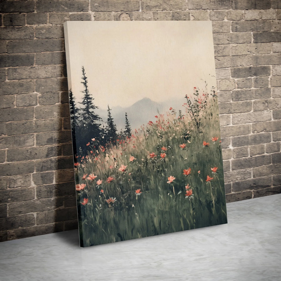 Wildflower Meadow Canvas Wall Art | Vintage Mountain Landscape Painting | Premium Gallery Wrapped Canvas | Boho Farmhouse Living Room Decor