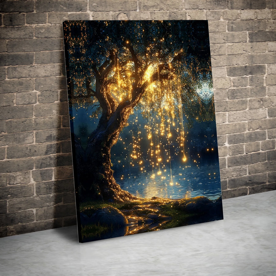 Enchanted Tree Canvas Print | Whimsical Gold Fairy Lights Wall Art | 1.25-Inch Thick Gallery Wrap | Magical Nature Decor for Home or Office