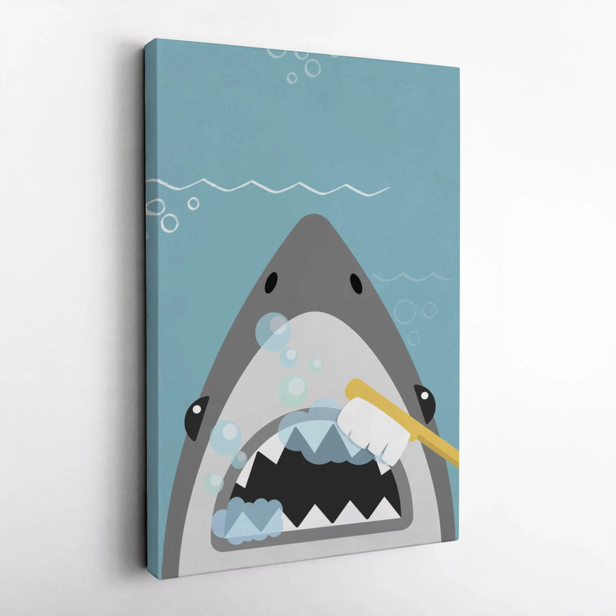Cute Shark Brushing Teeth Canvas Art | Funny Bathroom Wall Decor | Premium Stretched Gallery Wrap | Kids Nursery or Bathroom Gift