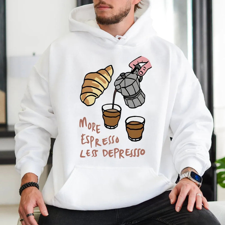 Espresso Hoodie | More Espresso Less Depresso Funny Quote | Premium Cotton Blend | Gift for Coffee Lover & Barista
