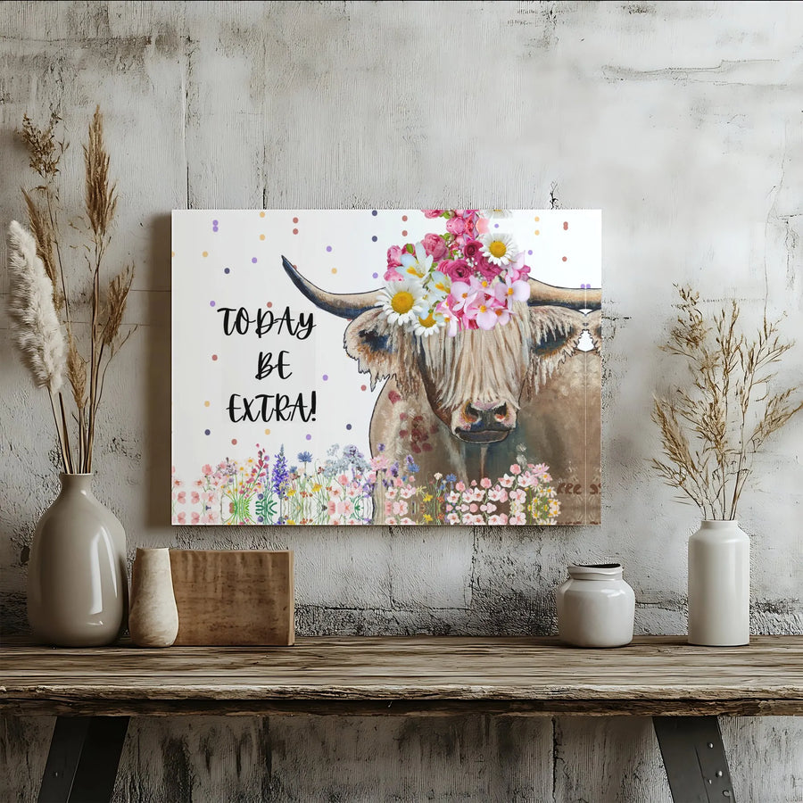 Highland Cow Canvas Wall Art | Floral Crown with "Today Be Extra" Quote | Premium Matte Canvas Print | Boho Farmhouse Decor Gift