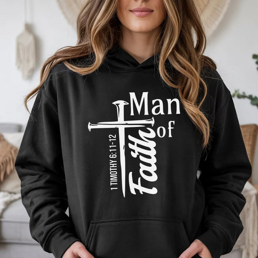 Man of Faith Hoodie | 1 Timothy 6:11-12 Scripture Cross Design | Premium Cotton-Blend Pullover | Religious Gift for Men and Faith-Based Apparel