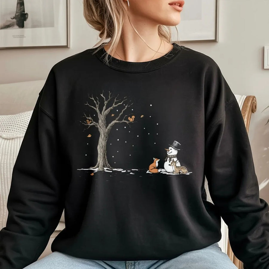 Winter Forest Animals Sweatshirt | Cute Snowman and Woodland Critters Graphic | Premium Cotton Blend | Cozy Christmas Holiday Gift for Nature Lovers