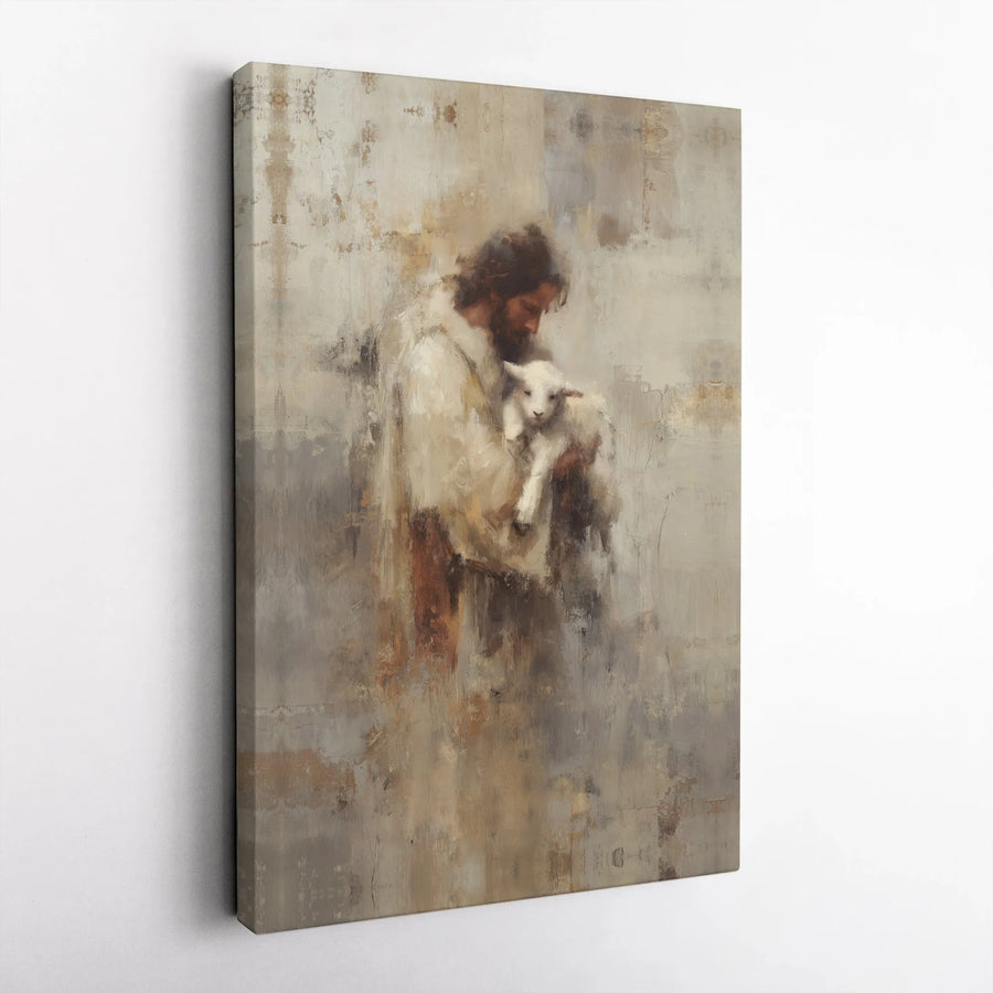 Jesus With Lamb Wall Art | Abstract Religious Canvas Print | Premium 1.25-Inch Gallery Wrap | Christian Home Decor Gift