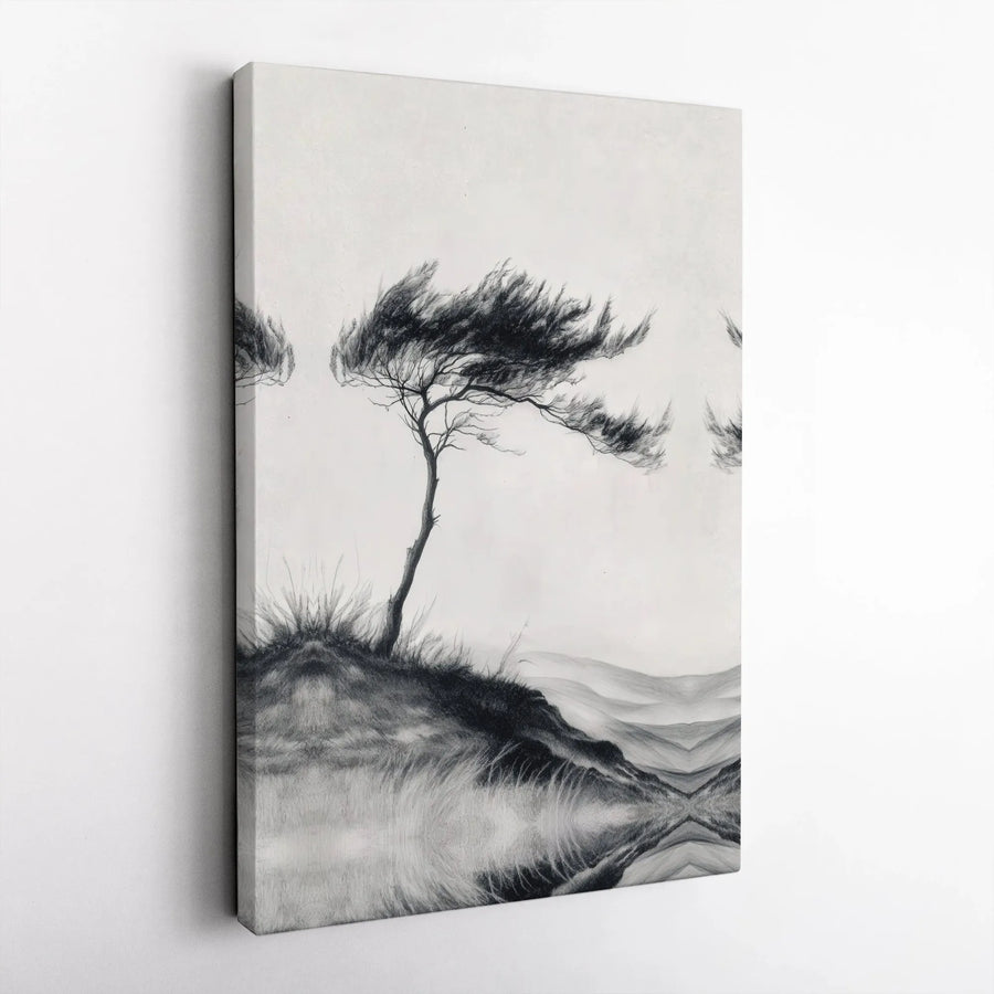 Windswept Tree Canvas Wall Art | Minimalist Charcoal Tree Sketch | Premium Gallery Canvas | Black and White Nature Art Gift