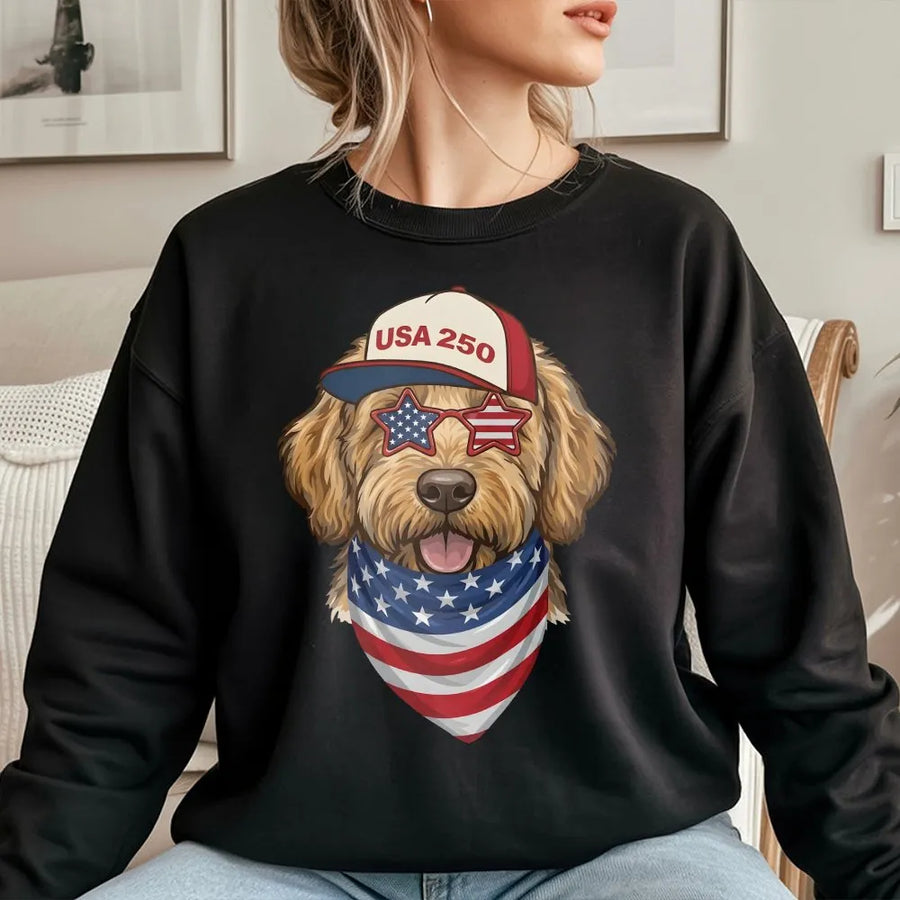 USA 250th Anniversary Sweatshirt | Patriotic Dog with American Flag Graphic | Soft Cotton Blend Pullover | Fourth of July Gift for Dog Lovers
