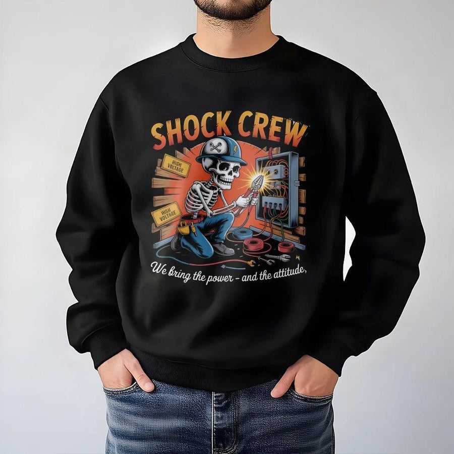 Electrician Sweatshirt | Shock Crew Skeleton Lineman Graphic | Premium Cotton Blend Workwear | Funny Gift For Electrical Contractor Tradesmen