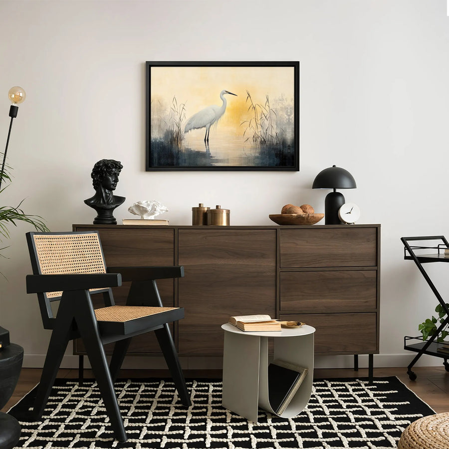 Great White Egret Canvas Wall Art | Marsh Bird Sunset Landscape | Premium Gallery Wrapped Print | Coastal Home Decor Gift