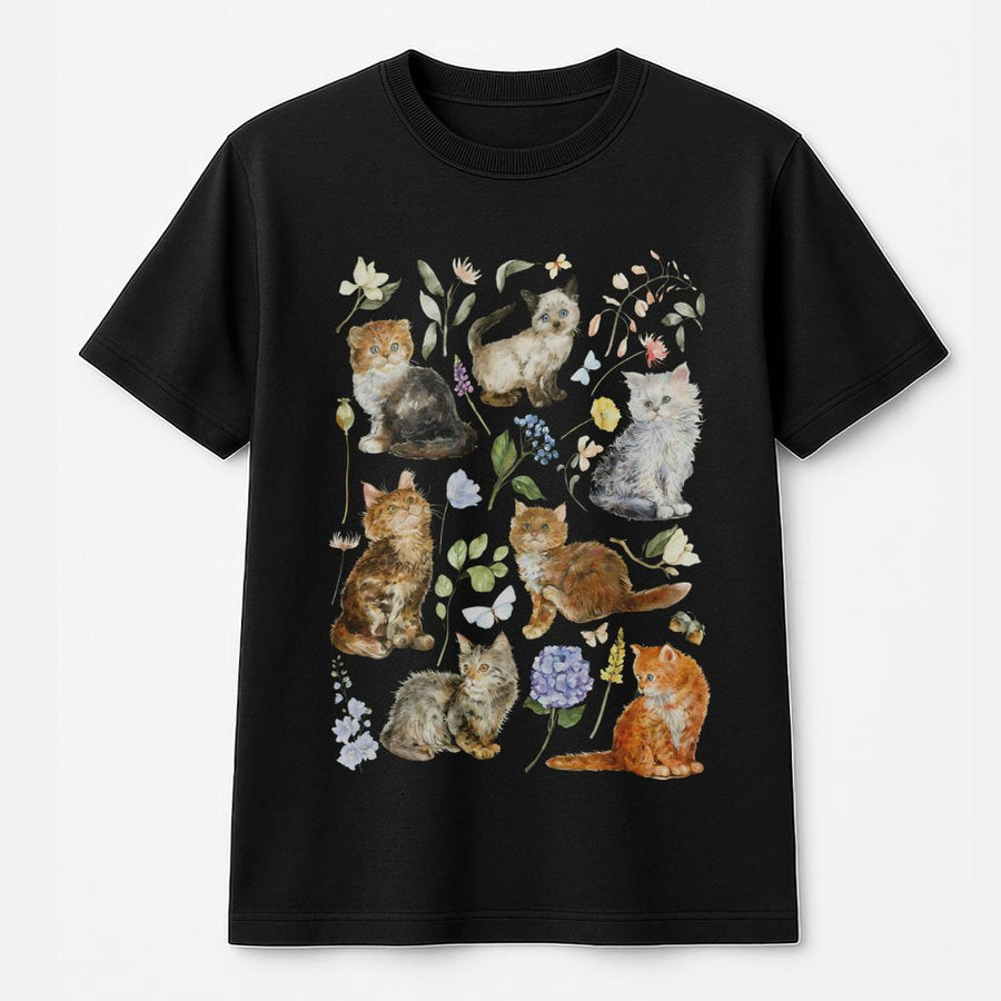Vintage Cat T-Shirt | Watercolor Kitten and Wildflower Graphic | Premium 100% Cotton Tee | Aesthetic Gift for Cat Lovers