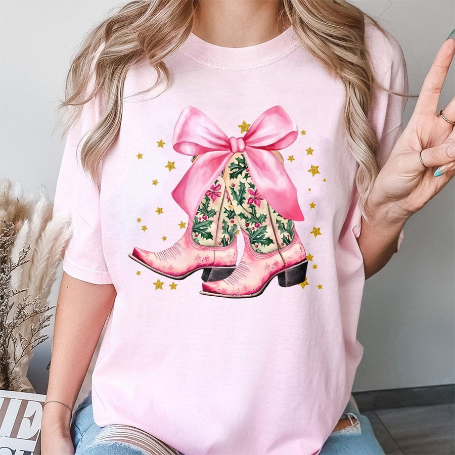 Pink Cowboy Boots T-Shirt | Christmas Holly and Bow Western Graphic Tee | Premium Cotton Soft Shirt | Cute Holiday Western Gift for Women