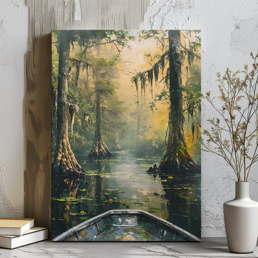 Misty Bayou Swamp Canvas Print | Atmospheric Cypress Trees and Boat Wall Art | Premium Gallery Wrap | Nature-Inspired Home Decor Gift