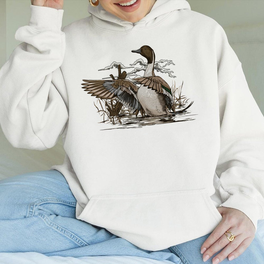 Pintail Duck Hunting Hoodie | Vintage Waterfowl Marsh Illustration | Premium Cotton Blend | Outdoor Wildlife Gift For Hunters