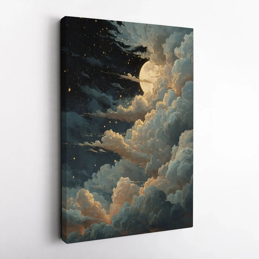 Celestial Night Sky Canvas Wall Art | Vintage Full Moon and Stars Painting | Premium Canvas Print | Living Room or Bedroom Decor Gift