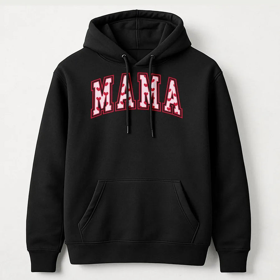 Mama Hoodie with Heart Design | Varsity Letter Mama Sweatshirt | Premium Cotton Blend | Cute Valentine's Day Gift for Mom and Wife