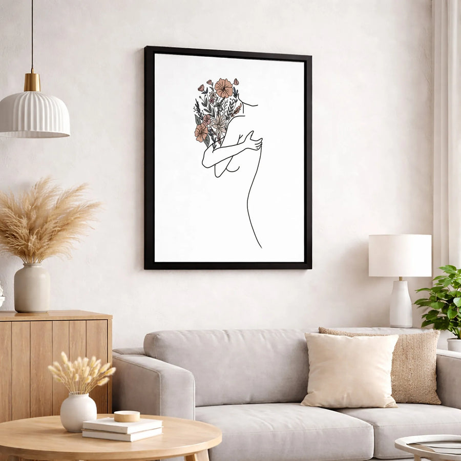 Minimalist Line Art Canvas | Woman Hugging Self with Flowers | Premium Gallery-Wrapped Print | Self-Love Aesthetic Home Decor