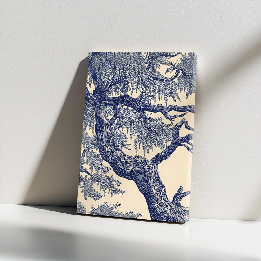 Japanese Wisteria Tree Canvas Wall Art | Blue And Cream Linocut Print | Premium 1.25" Gallery Wrap | Nature-Inspired Home Decor For Living Room