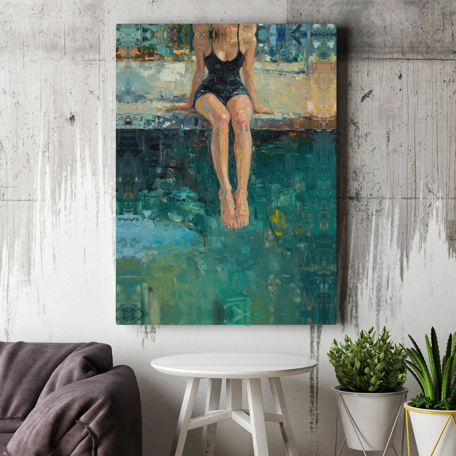 Impressionist Poolside Canvas Art | Woman In Black Swimsuit Print | Premium Gallery Wrapped Wall Decor | Sophisticated Modern Home Gift