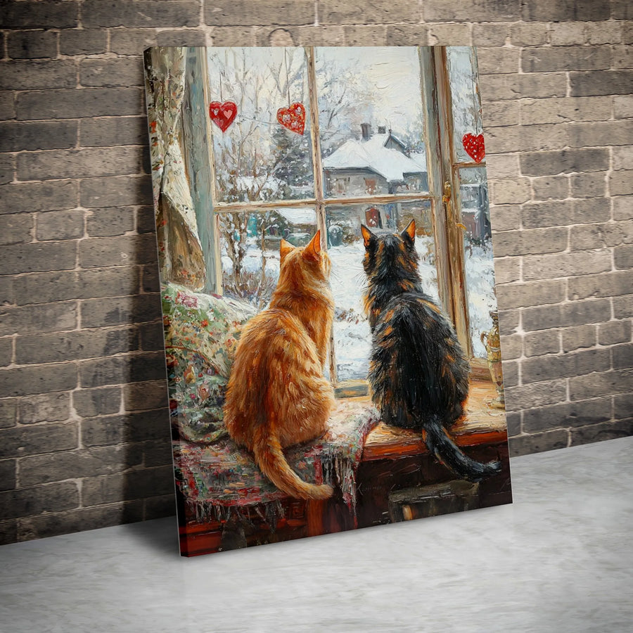 Two Cats Winter Window Canvas Wall Art | Impressionist Oil Painting Style Print | Premium Gallery Wrapped Canvas | Cozy Home Decor Gift for Cat Lover