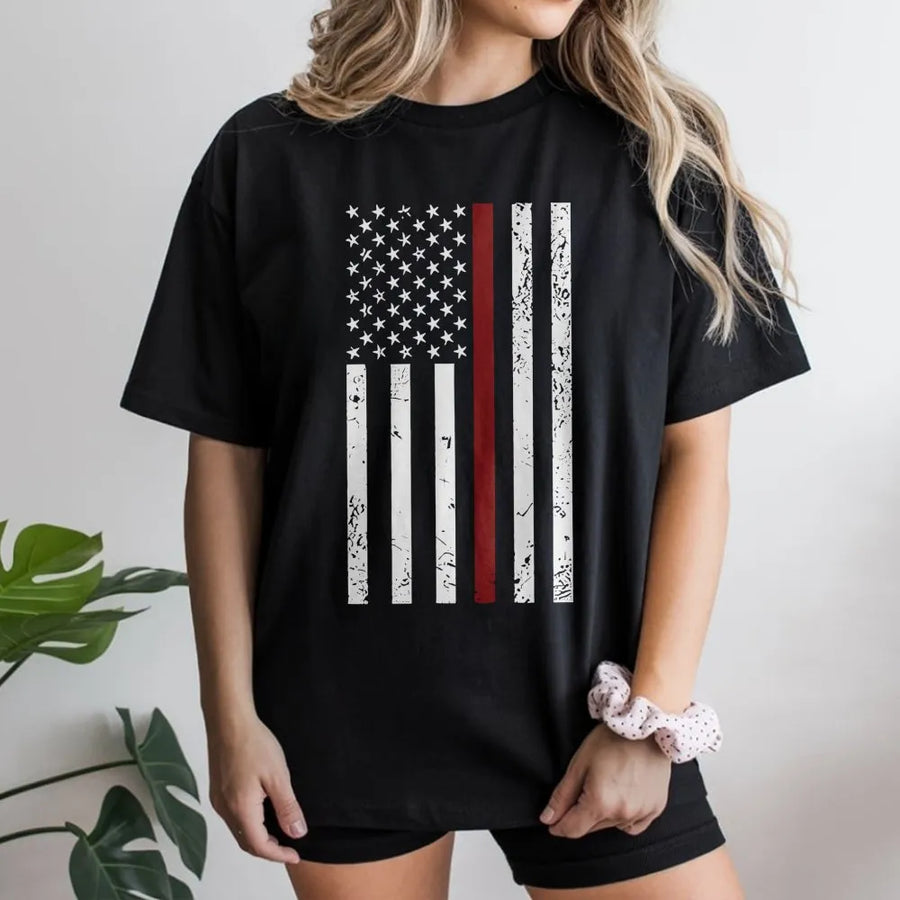 Thin Red Line American Flag T-Shirt | Distressed Firefighter Graphic | Premium 100% Cotton | Proud Fireman Gift & Apparel