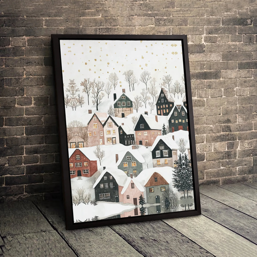 Winter Village Canvas Wall Art | Snowy Watercolor Christmas Town with Gold Snowfall | Premium Gallery-Wrapped Print | Holiday Home Decor Gift