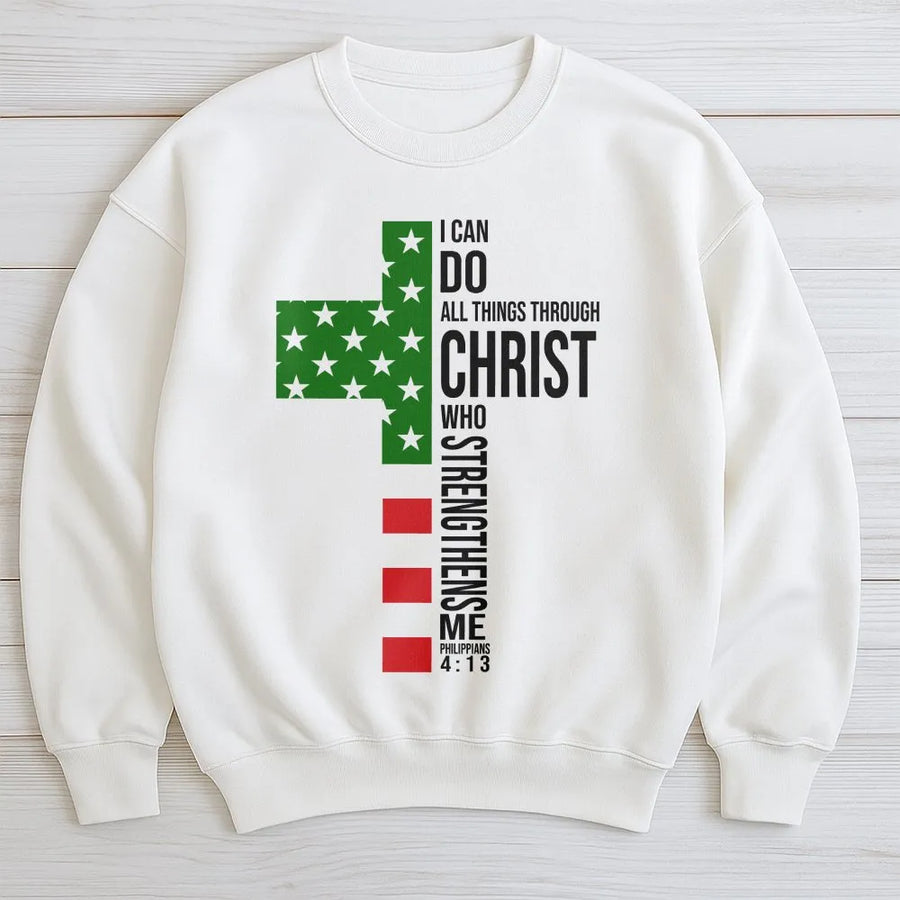 Philippians 4:13 Sweatshirt | Pan-African Flag Cross Graphic | Premium Cotton Blend | Faith-Based Christian Gift for Men and Women