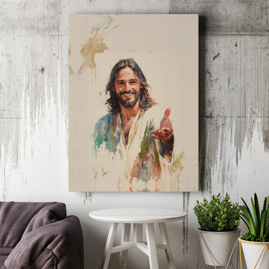 Smiling Jesus Wall Art | Watercolor Portrait Reaching Out | Premium Gallery Canvas | Religious Home Decor Gift