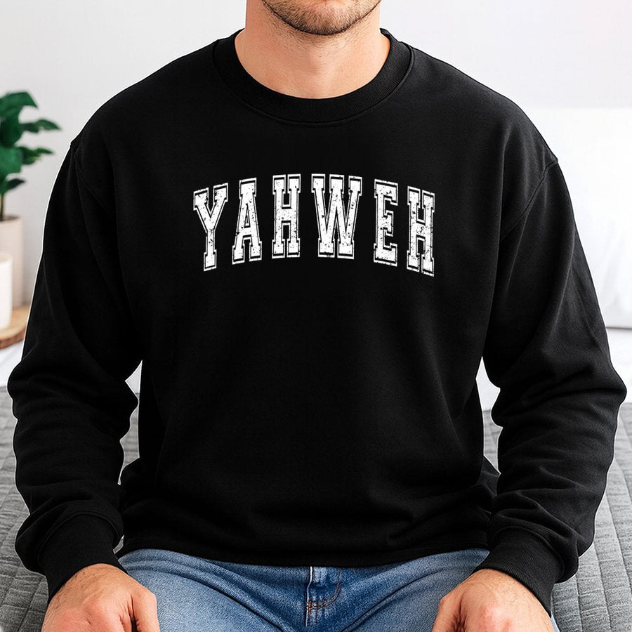 Yahweh Sweatshirt | Distressed Varsity Letter Design | Premium Cotton Blend | Christian Faith Apparel Gift For Men And Women