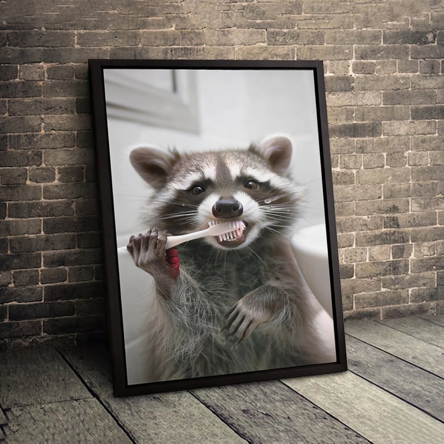 Funny Raccoon Brushing Teeth Canvas Art | Cute Animal Bathroom Wall Decor | Premium 1.25" Thick Gallery Wrap | Unique Gift for Animal Lovers