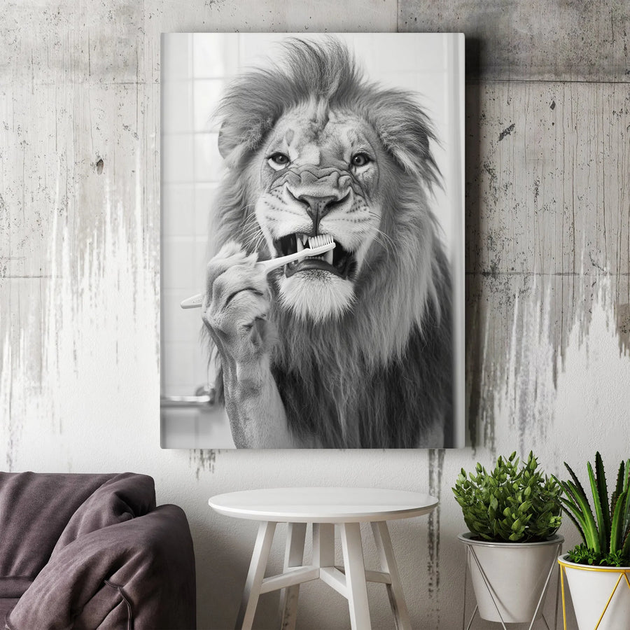 Lion Brushing Teeth Wall Art | Funny Animal Bathroom Decor | Gallery Quality Premium Canvas | Unique Gift for Kids and Animal Lovers