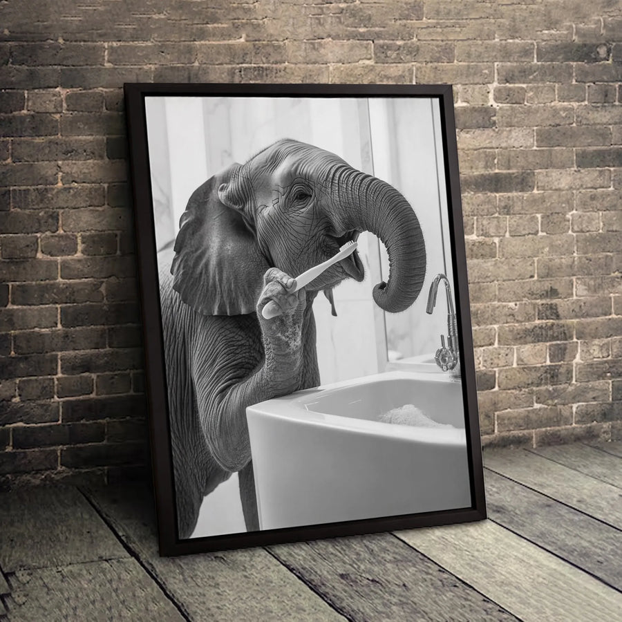 Baby Elephant Brushing Teeth Canvas | Funny Bathroom Wall Art | Premium 1.25 Inch Gallery Wrap | Whimsical Animal Decor Gift for Home