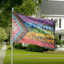 Progress Pride Flag with Flowers | Everyone is Welcome Here Banner | Double-Sided Polyester Yard Decor | Inclusive LGBTQ Ally Gift