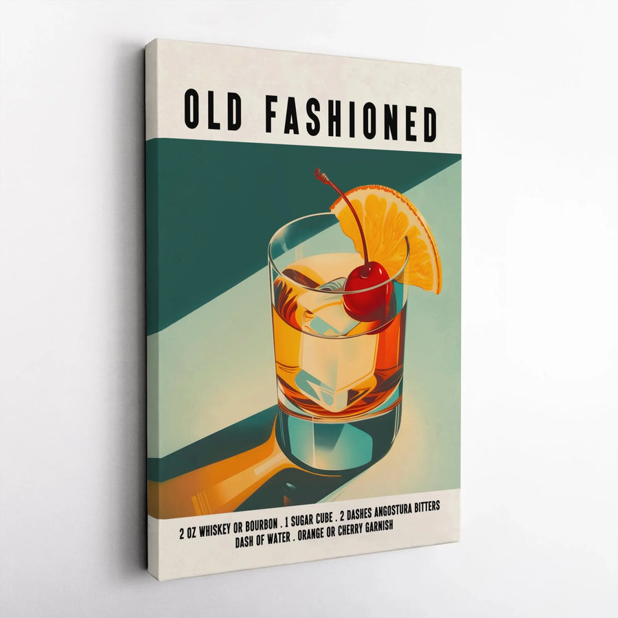 Old Fashioned Cocktail Recipe Canvas Wall Art | Retro Whiskey Bar Decor | Premium 1.25-Inch Thick Gallery Wrap | Unique Gift for Mixologist and Bourbon Lovers