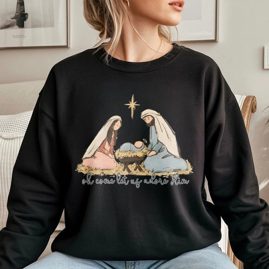 Nativity Scene Sweatshirt | Oh Come Let Us Adore Him Graphic | Premium Cotton Blend Crewneck | Religious Christmas Gift for Women and Men
