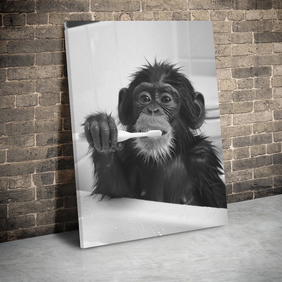 Funny Chimp Canvas Wall Art | Bathroom Decor Portrait | Premium Gallery Wrapped Print | Quirky Animal Gift for Bathroom Wall