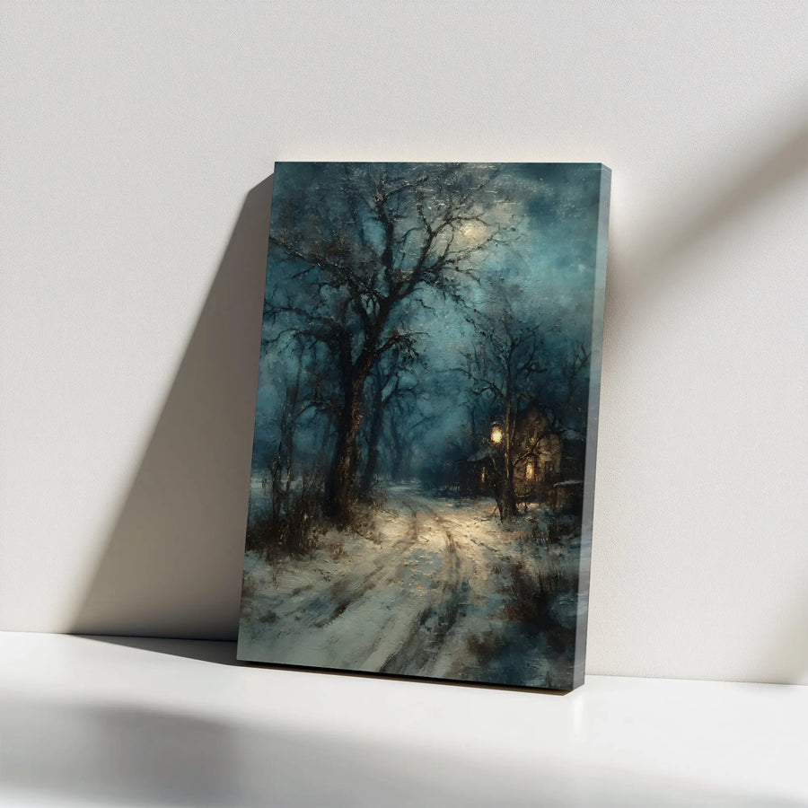 Moody Winter Landscape Vertical Canvas | Dark Academia Forest at Night | Premium Frameless Wall Art | Gothic Home Decor Collector's Gift