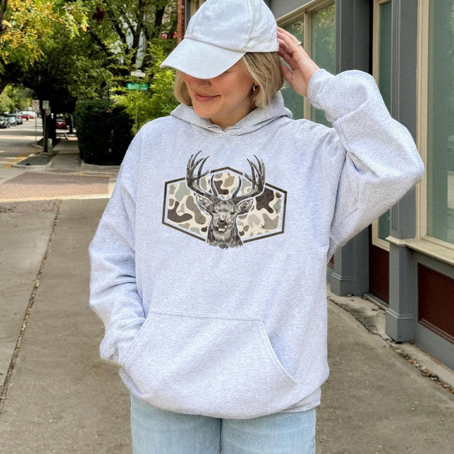 Deer Hunting Hoodie | Retro Camo Antler Graphic | Premium Cotton Blend Pullover | Outdoorsman Gift for Men and Women