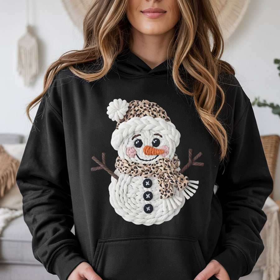 Leopard Print Snowman Hoodie | Faux Yarn Knitted Graphic Sweatshirt | Premium Cotton Blend | Christmas Gift For Women & Teens