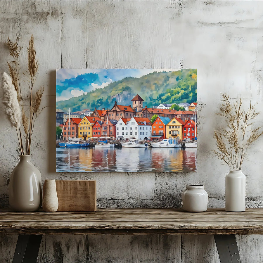 Bergen Norway Harbor Canvas Print | Watercolor Colorful Houses Wall Art | Premium Gallery Wrapped 1.25" Profile | Travel Decor Gift for Wanderlust Lovers