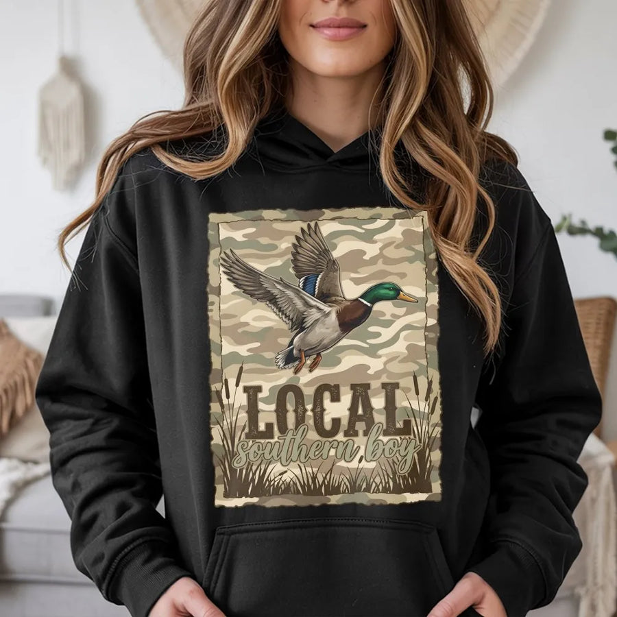 Duck Hunting Hoodie | Local Southern Boy Camo Mallard Design | Soft Cotton Blend | Gift for Hunter, Outdoorsman Country Apparel